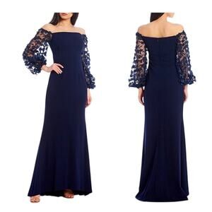 Eliza J Navy 3D Floral Sleeve Scuba Crepe Gown Dress 2